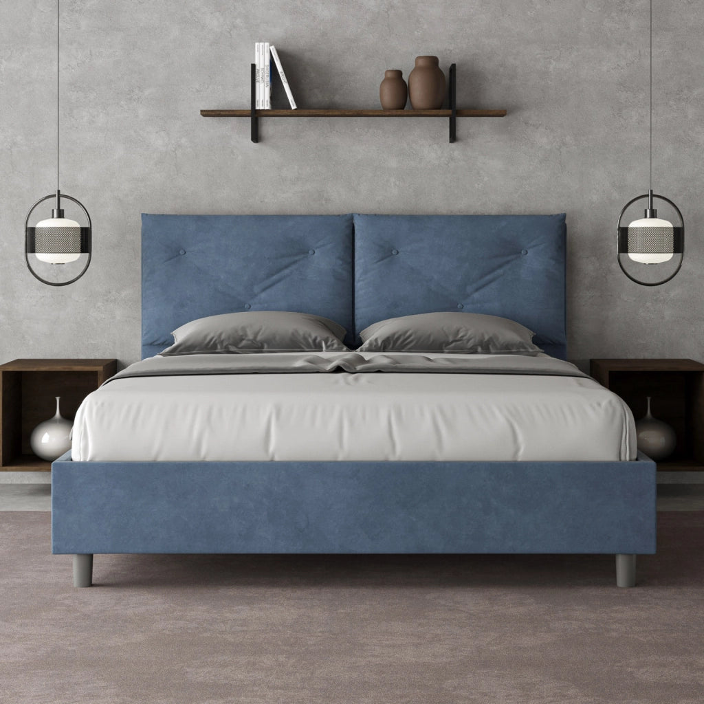 BS COM Letto matrimoniale con rete imbottito 160x190 microfibra blu