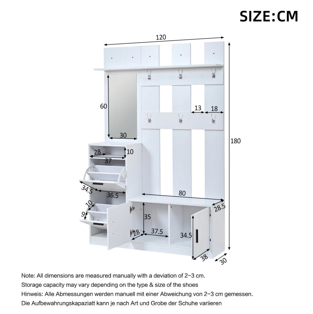 Armadio ingresso bianco con specchio, appendiabiti, scarpiera ribaltabile e seduta 120x30x180 cm in MDF