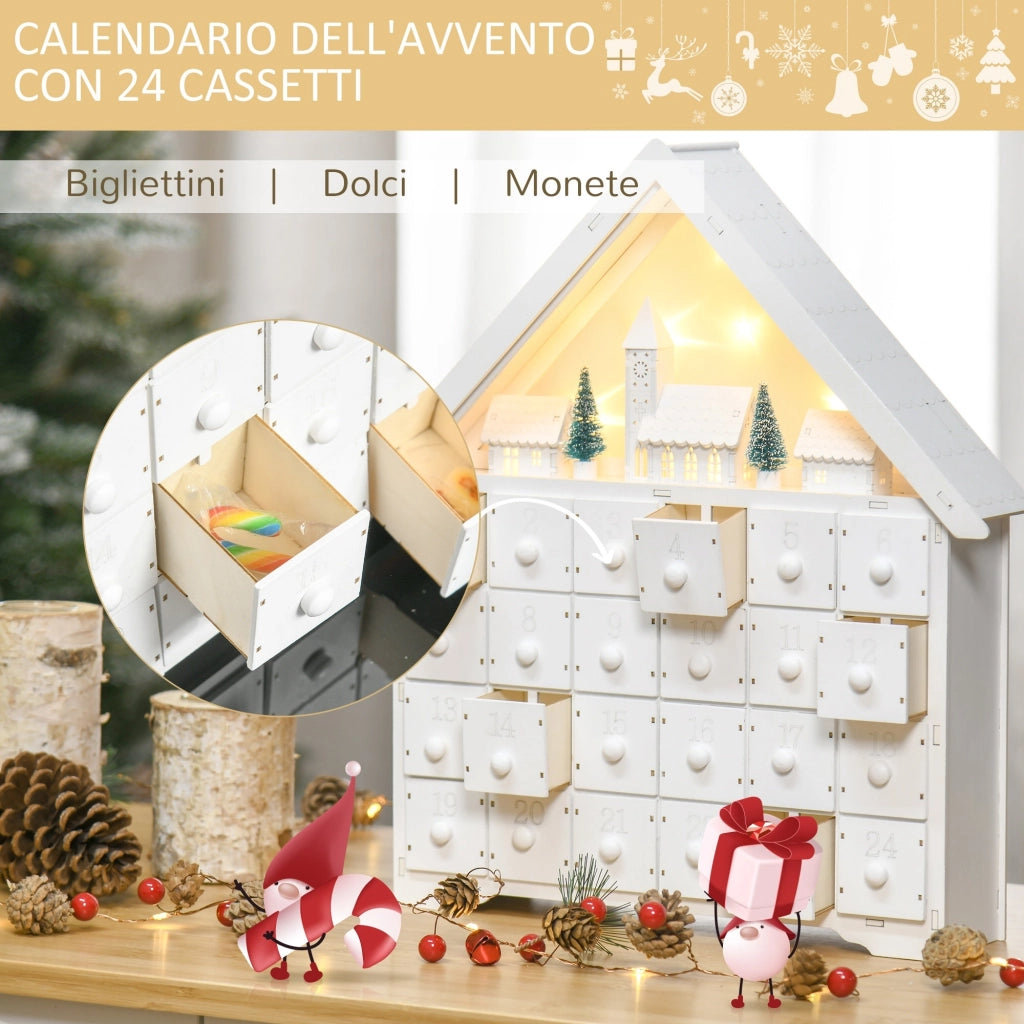 Calendario dell'Avvento  39x9x42 cm 24 Cassetti Villaggio di Natale con Alberi e Luci Bianco