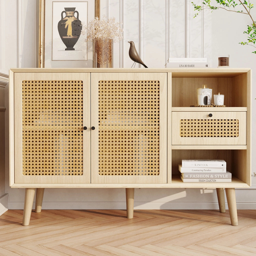 Credenza con Cassetto e 2 Ante in Rattan ¨C MINIMAL ¨C Rovere, Metallo Nero, 120x40x80