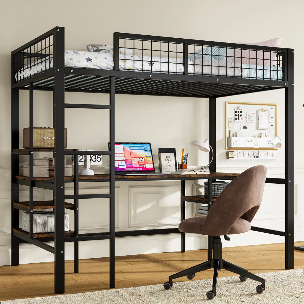 Letto a soppalco 90x200 cm con scrivania e scaffali; struttura in metallo nero e pannelli effetto legno scuro