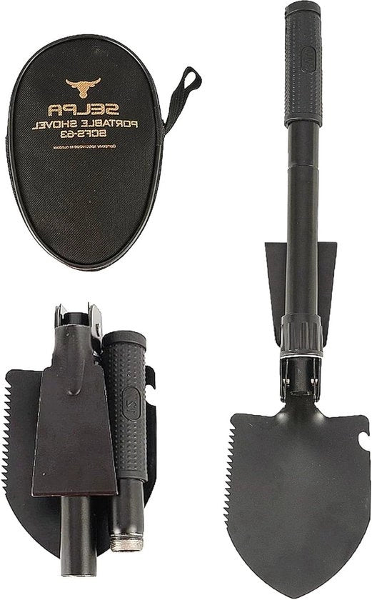 Spalanevole Mini Pala di Acciaio con Bussola e Borsa di Stoccaggio per Campeggio Off-Road Giardinaggio Digging di Spiaggia - Nero
