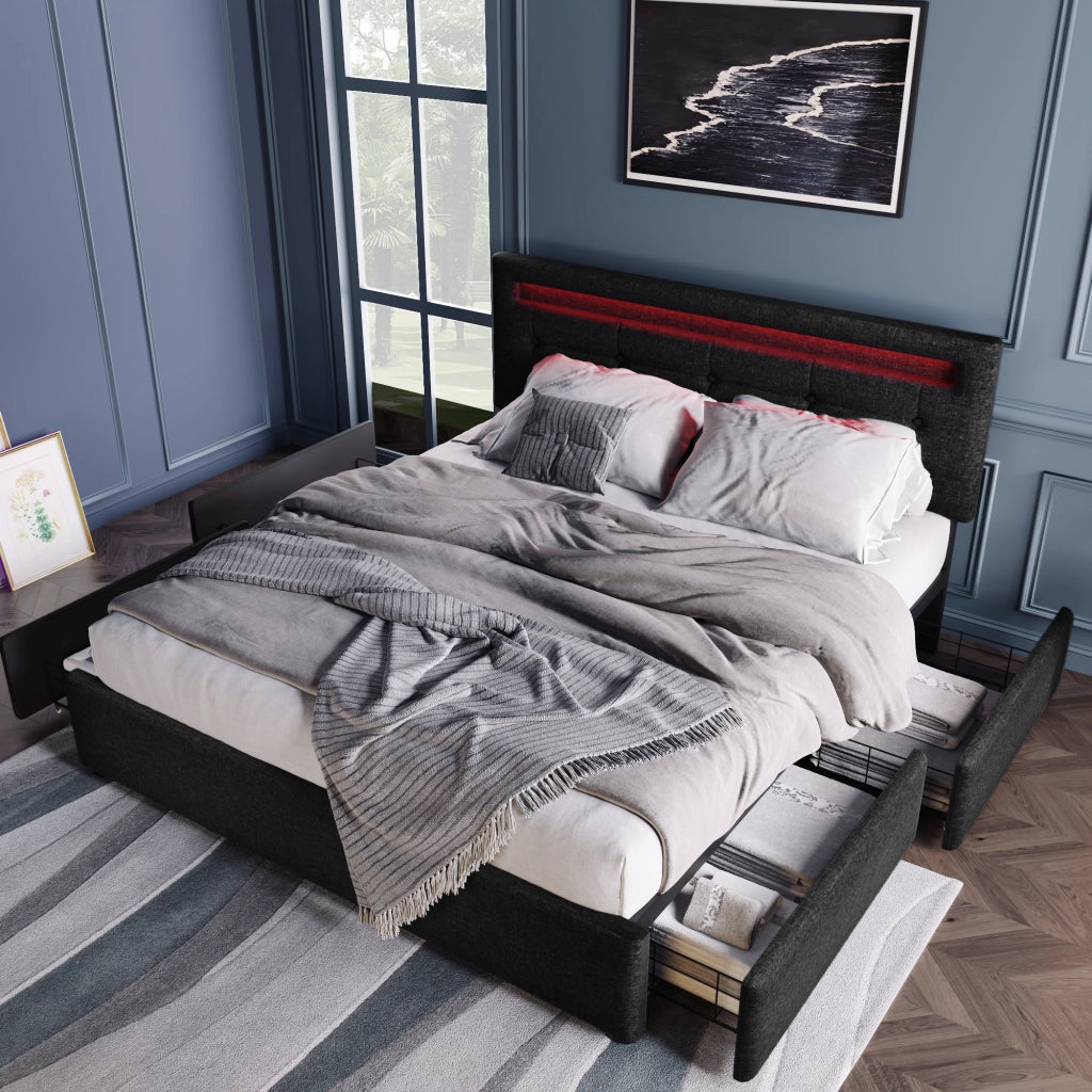 Letto matrimoniale 140 × 200 cm 2 posti con LED, 4 cassetti e testiera regolabile, senza materasso, nero