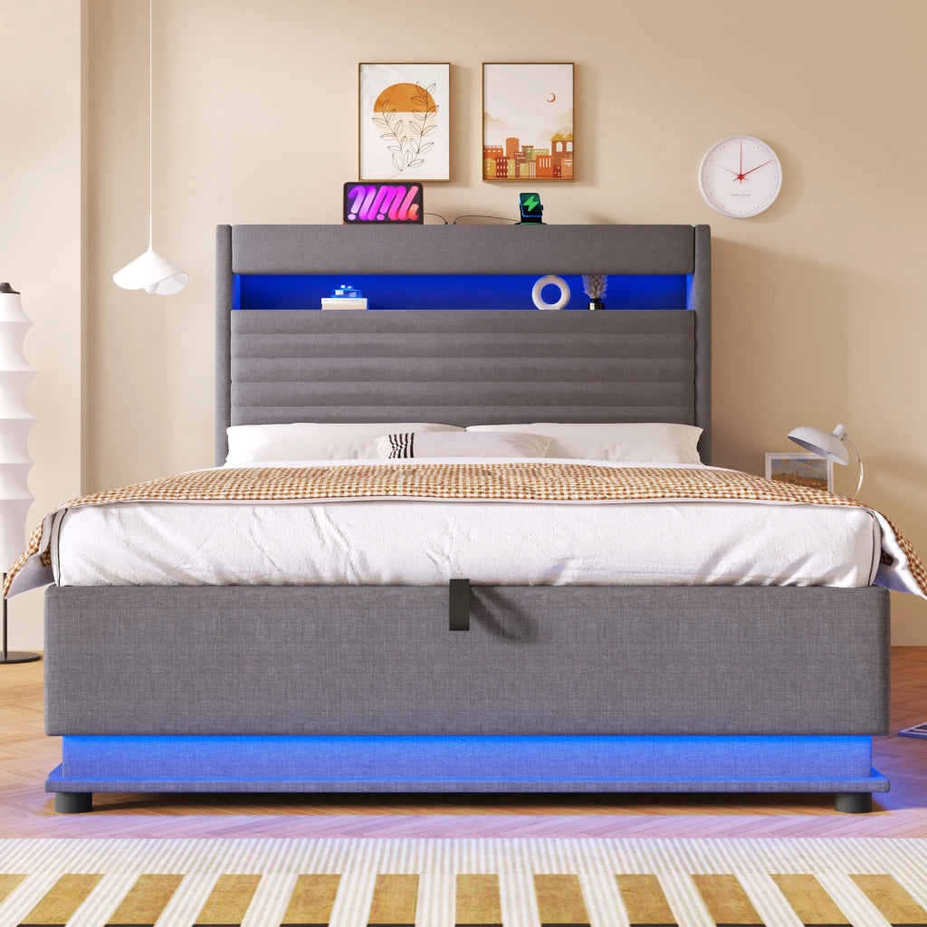 Letto matrimoniale 140×200 cm 2 posti con contenitore idraulico; LED regolabile; USB e Type-C; senza materasso; grigio