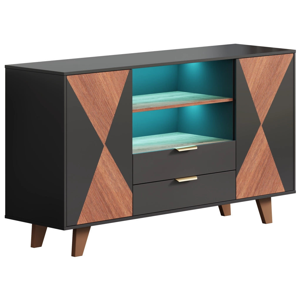 Credenza da cucina LED con 2 cassetti, ripiani regolabili e vani aperti, MDF naturale e nero, 150 × 40 × 90 cm