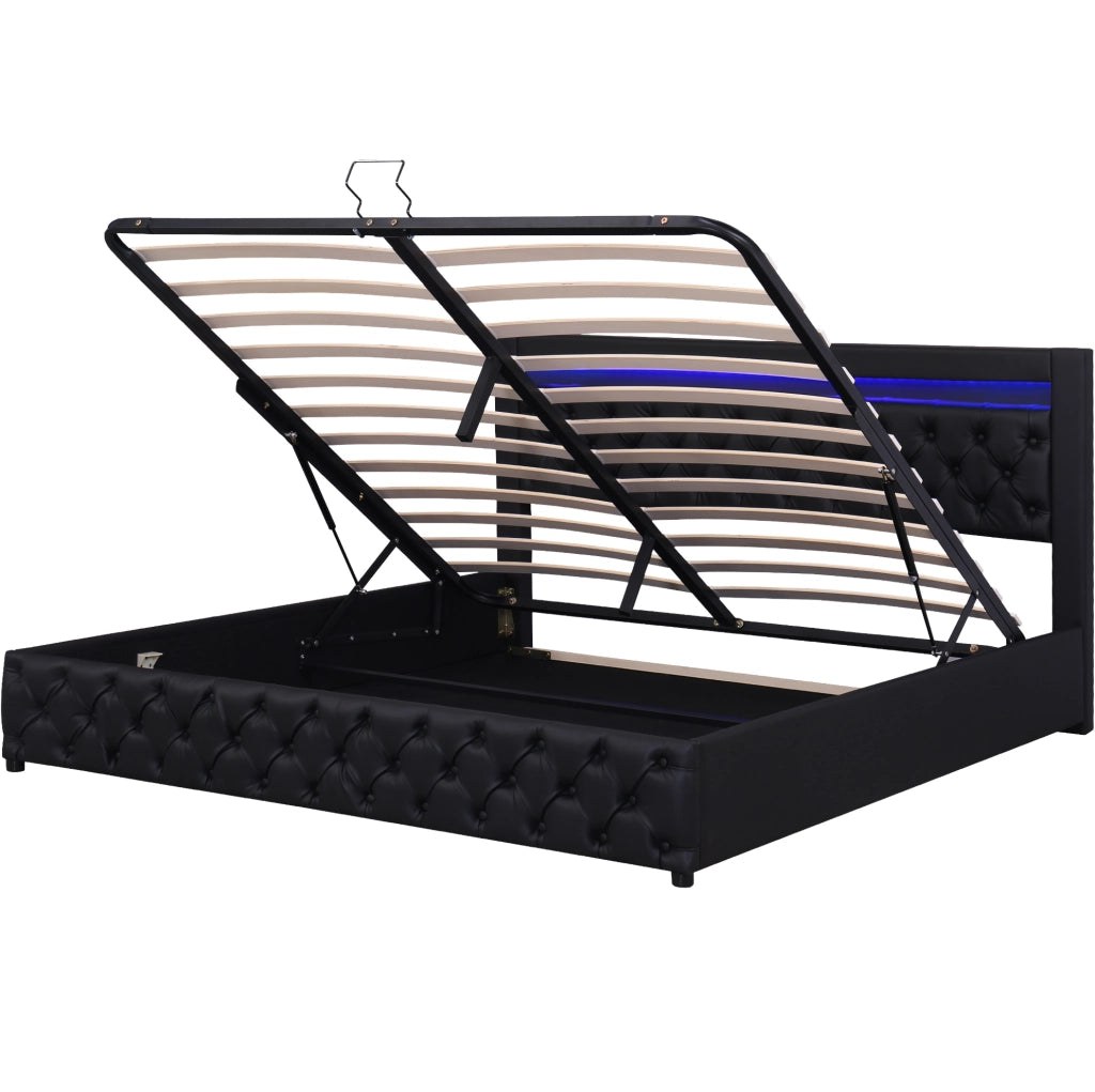 Letto imbottito 160x200 cm con rete, contenitore e LED, nero