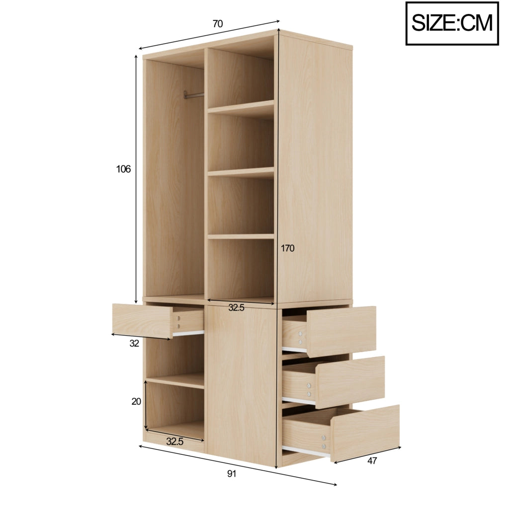 Armadio guardaroba 70x50x170 cm con cassetti e ripiani aperti in compensato e MDF color legno
