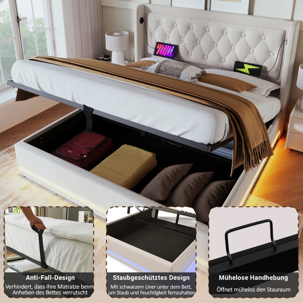 OKWISH Letto Contenitore 140×200 cm, Letto Matrimoniale con USB, Tipo C e LED Regolabile, senza Materasso, in Cotone, Beige