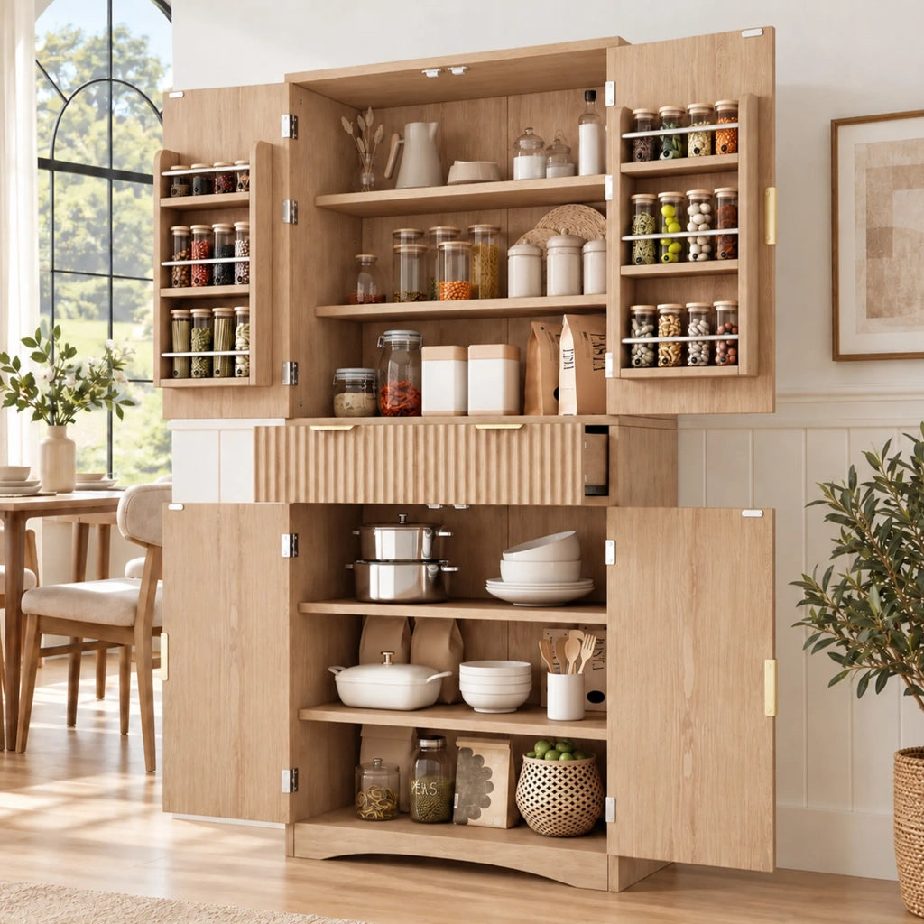 Armadio da cucina e dispensa con ante a griglia, cassetti e ante. Mobile contenitore in legno per cucina e soggiorno. Colore legno.