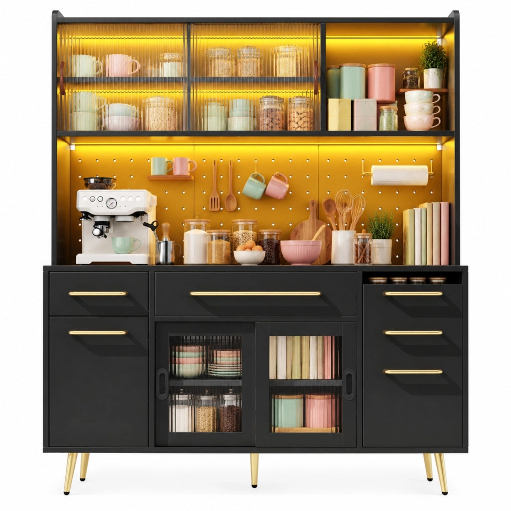 Credenza alta 145x39x171 cm in MDF, vetro e metallo nero con LED