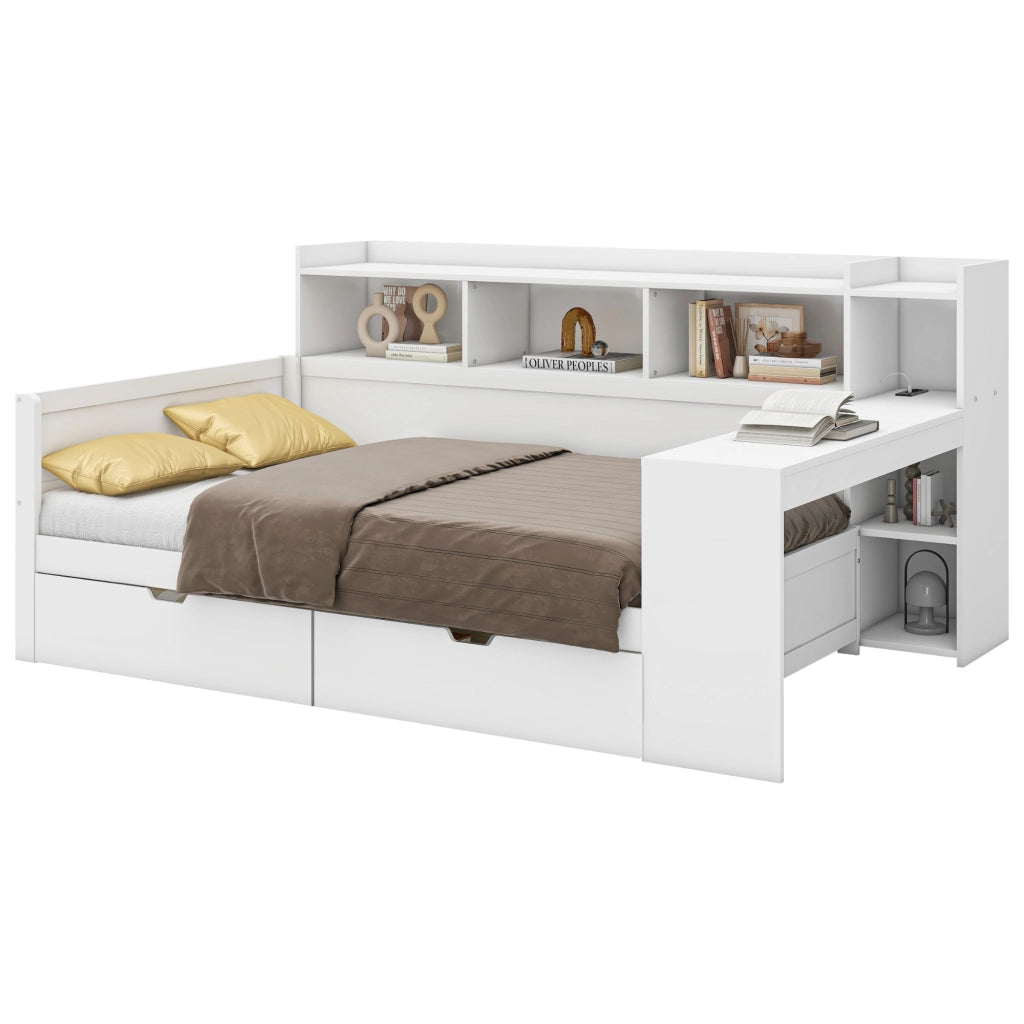 Letto Singolo 90 x 200 cm con USB; prese e 2 cassetti; scrivania in truciolare Bianco