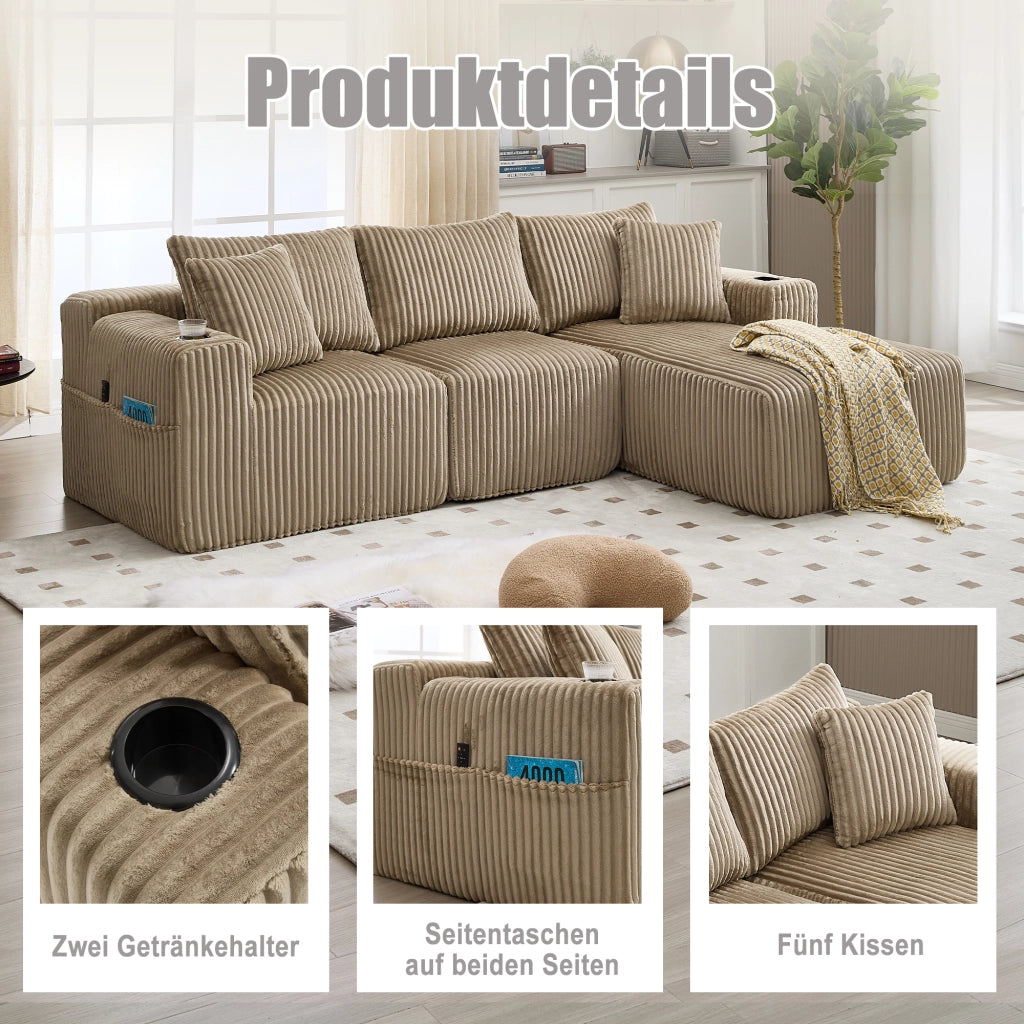Divano modulare con chaise longue e 2 posti - con tasche laterali e portabicchieri - kaki