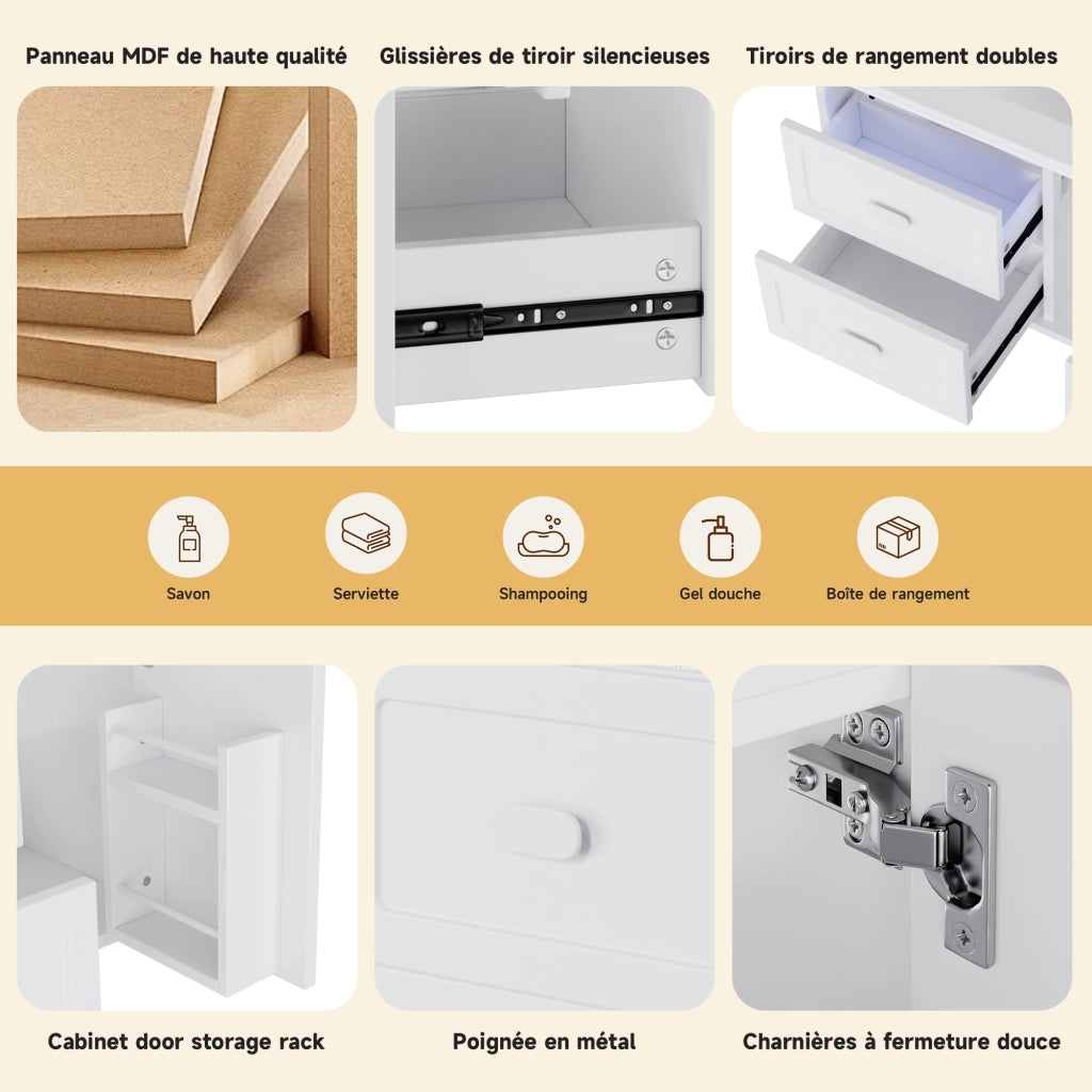 Mobiletto con lavabo sospeso in MDF e ceramica con LED a sensore radar; 2 cassetti bianco 76 × 46 × 51 cm