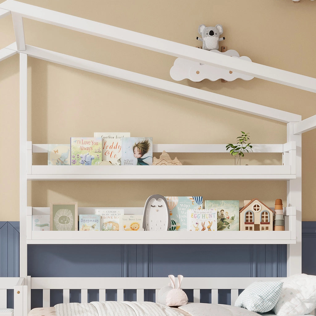 Letto a casetta per bambini in legno con cassetti e ripiani, bianco, 200x90 cm + 140x70 cm