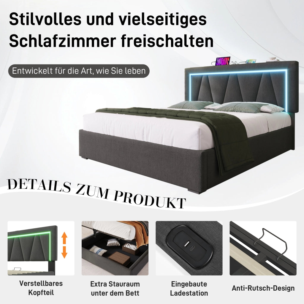 Letto matrimoniale contenitore 160 ¡Á 200 cm in lino grigio con LED USB e porta Type C testiera regolabile
