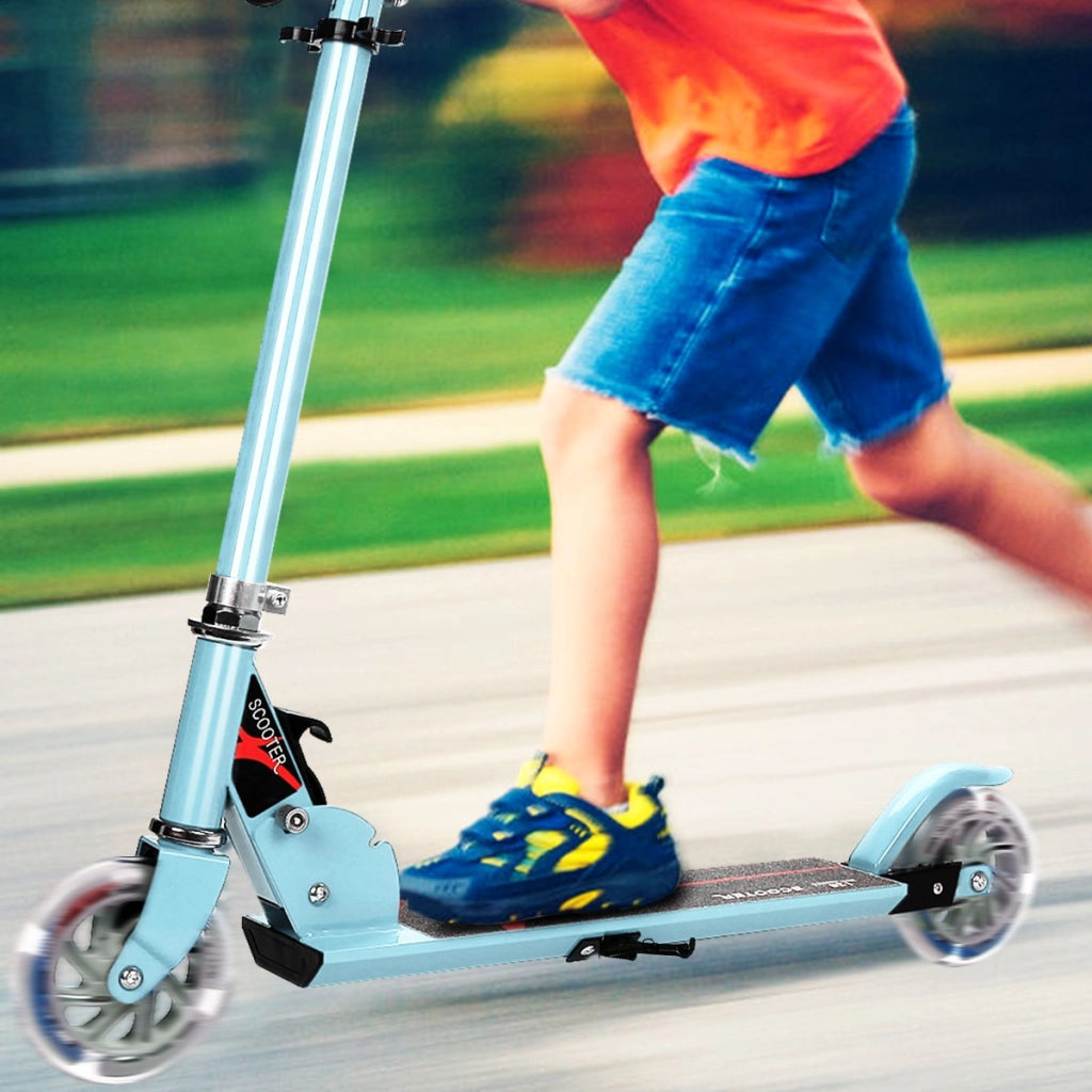 Monopattino a 2 ruote lampeggianti per bambini con musica altezza regolabile, Monopattino in alluminio Azzuro