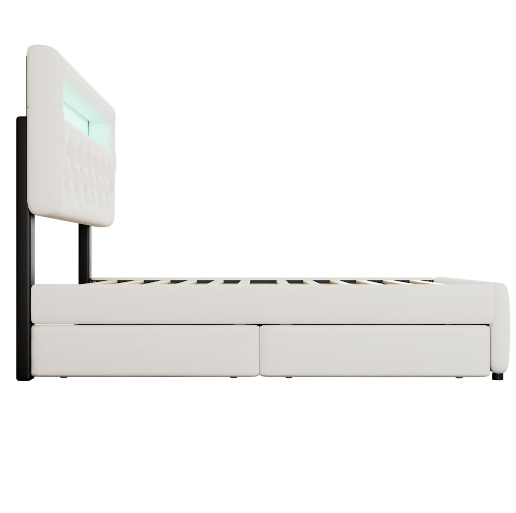 Letto matrimoniale imbottito 140x200 cm con letto estraibile, 2 cassetti e comodino con striscia luminosa, bianco