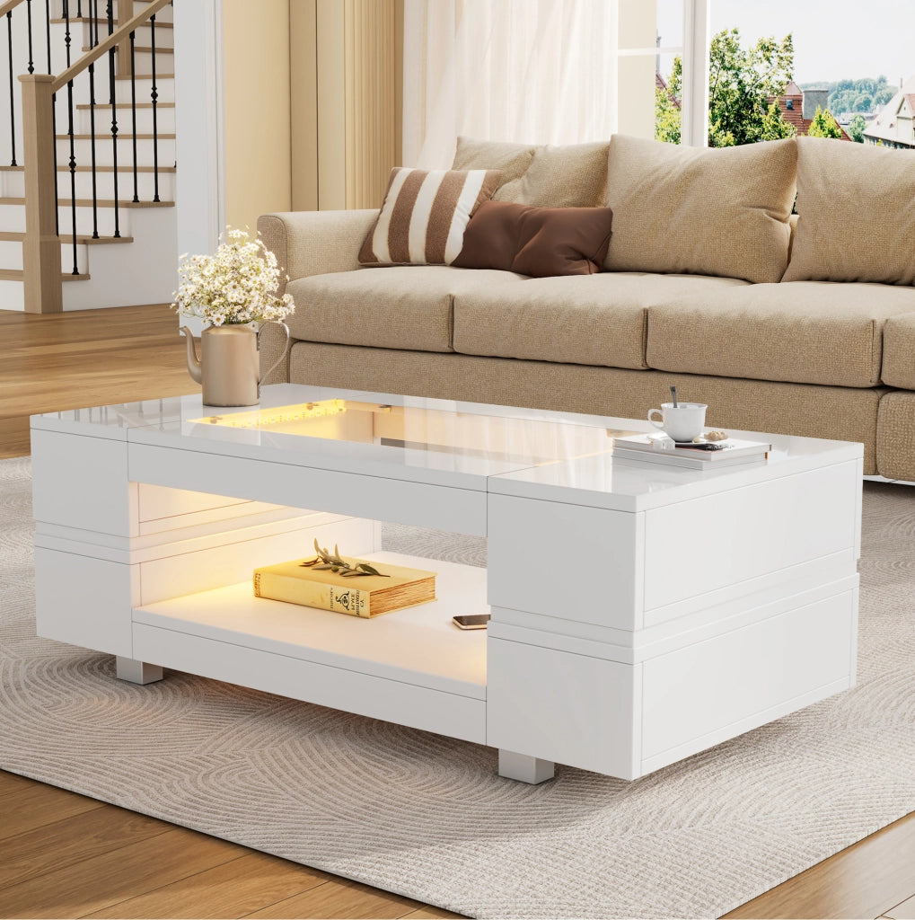 Tavolino da salotto LED bianco 100 x 50 x 35 cm in pannello truciolare e vetro