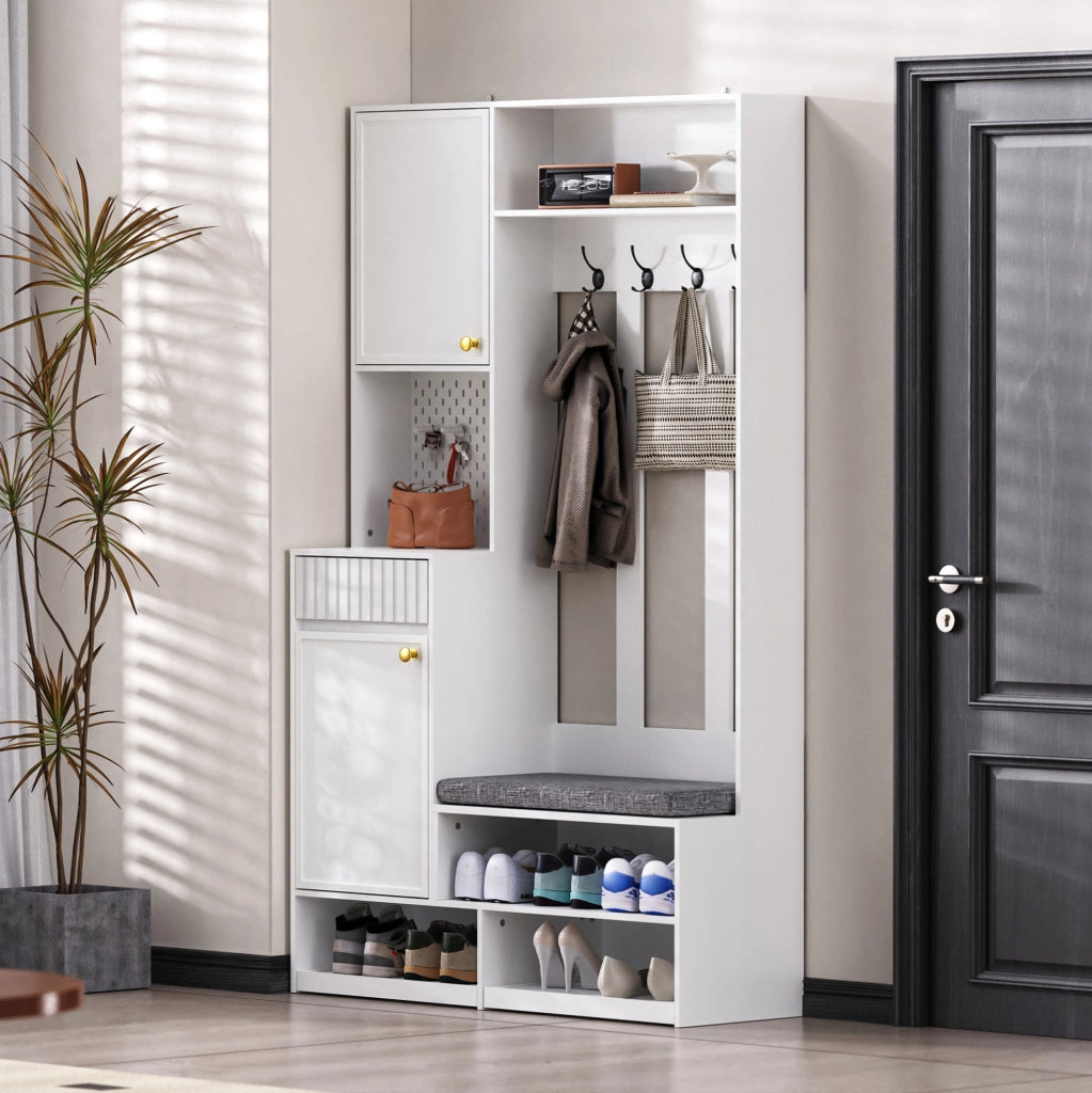 Mobile ingresso 100x35x180 cm con panca imbottita; 2 cassetti e 4 ganci in MDF bianco