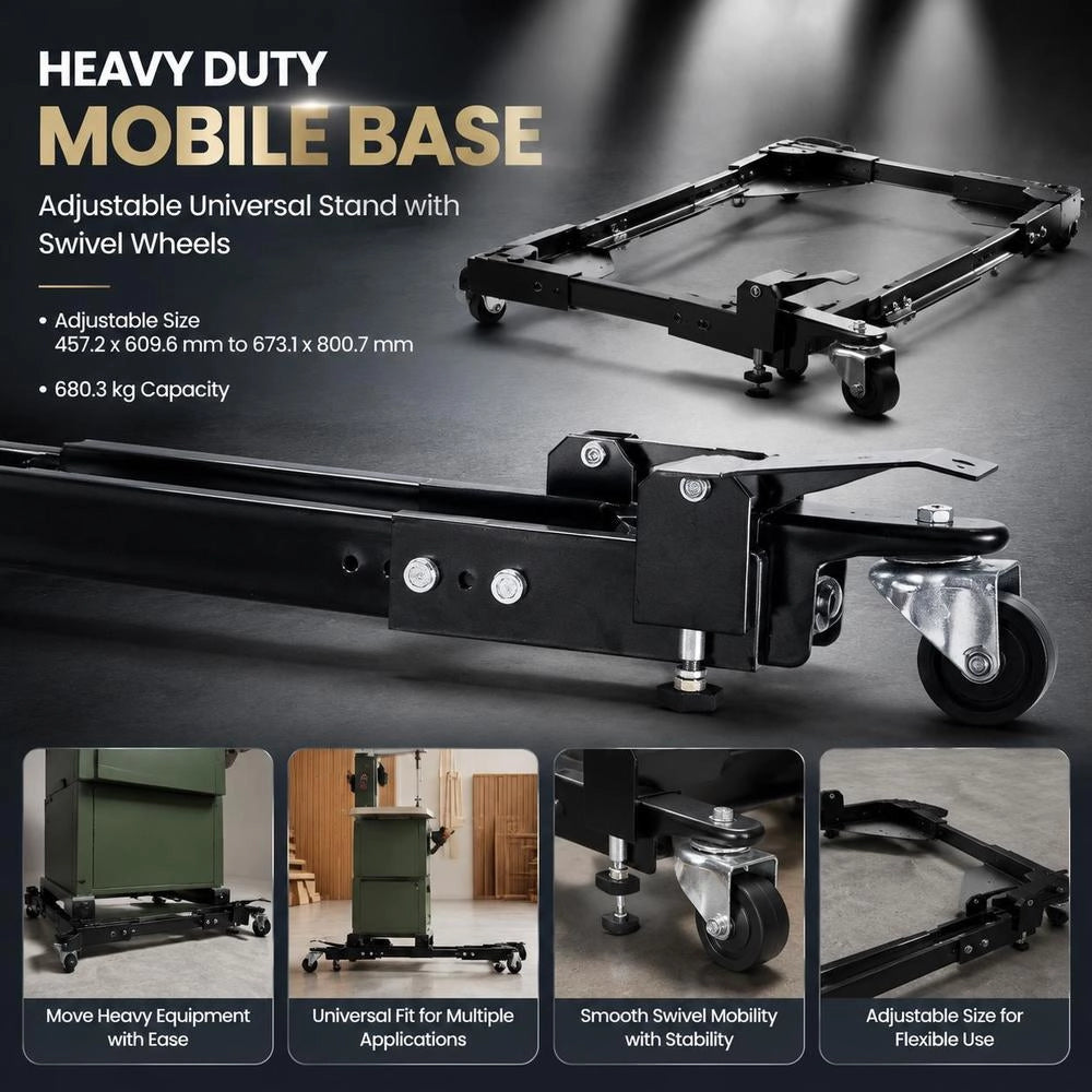 Mobile Base, 1500 Lbs Capacity, Adjustable From 18" X 24" To 26.5" X 31.5", Robust Universal Mobile Base With Swivel Casters, For Woodworking Equipment, Band Saws, Power Tools, And Machinery.
