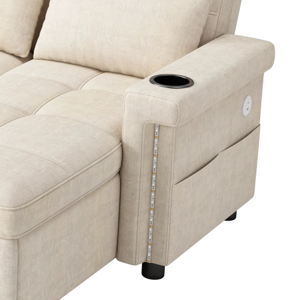Divano angolare convertibile a U 268;5x141;5x90 cm; divano letto con 2 chaise longue di contenitore; LED; USB e Type-C; ciniglia; beige