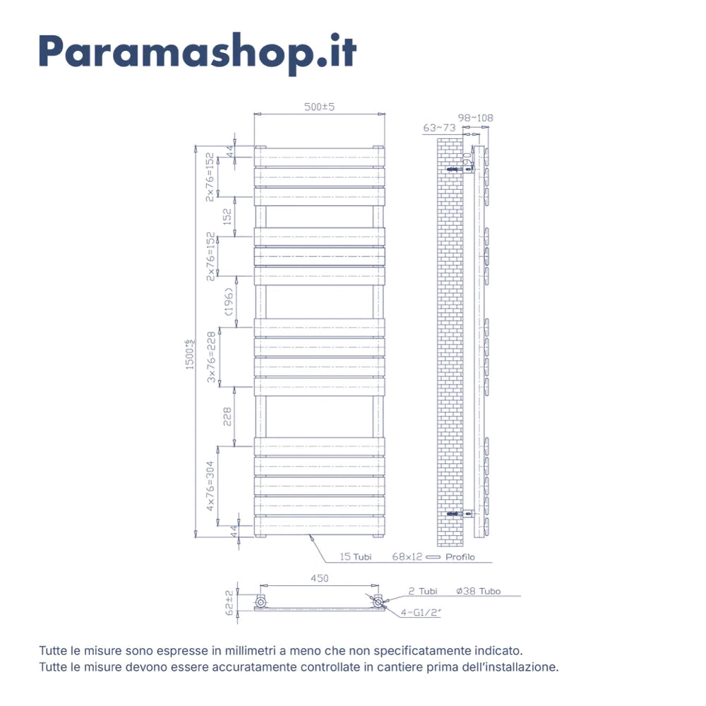 Termoarredo idraulico 1500x500 bianco opaco interasse 450 | Andromeda