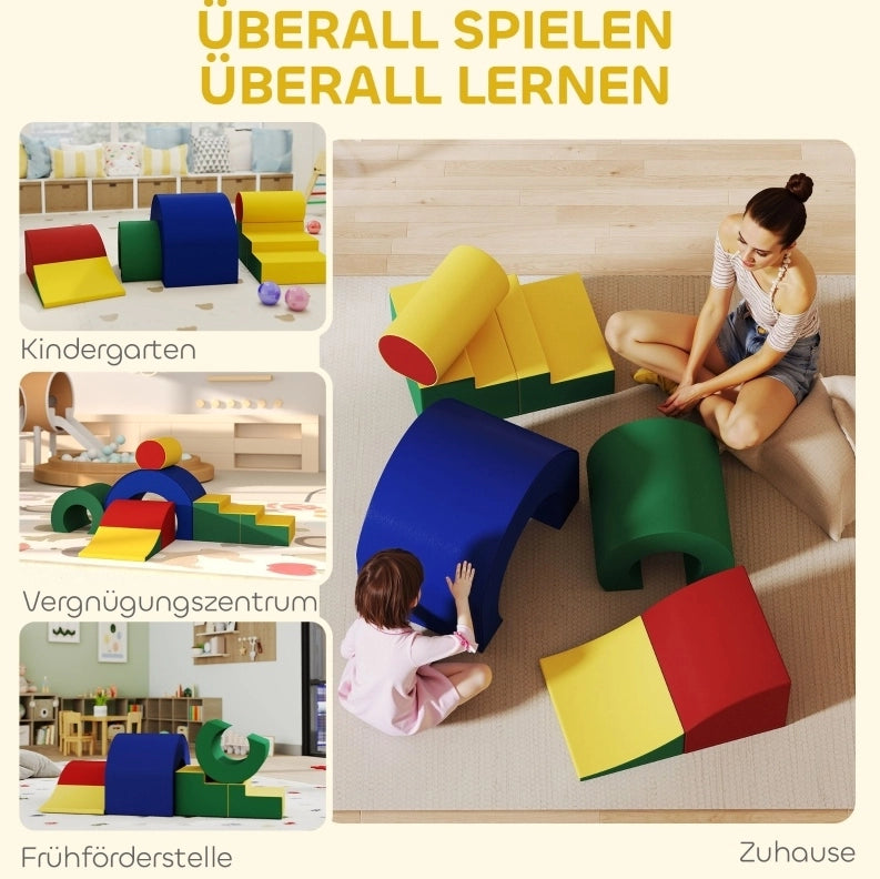 Set ULEVR di 5 moduli morbidi per bambini, blocchi da arrampicata e gattonamento in similpelle blu e rosso