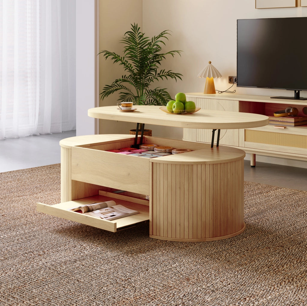Tavolino da salotto in MDF regolabile in altezza con mensola estraibile, finitura effetto legno, 110x55,5x40 cm