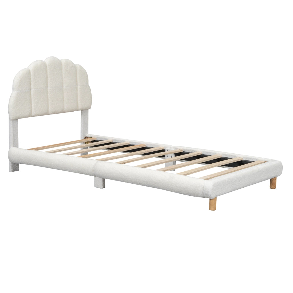 Letto singolo per bambini in peluche 90×200 cm con testiera a fiore, bianco, struttura in MDF con doghe, senza materasso