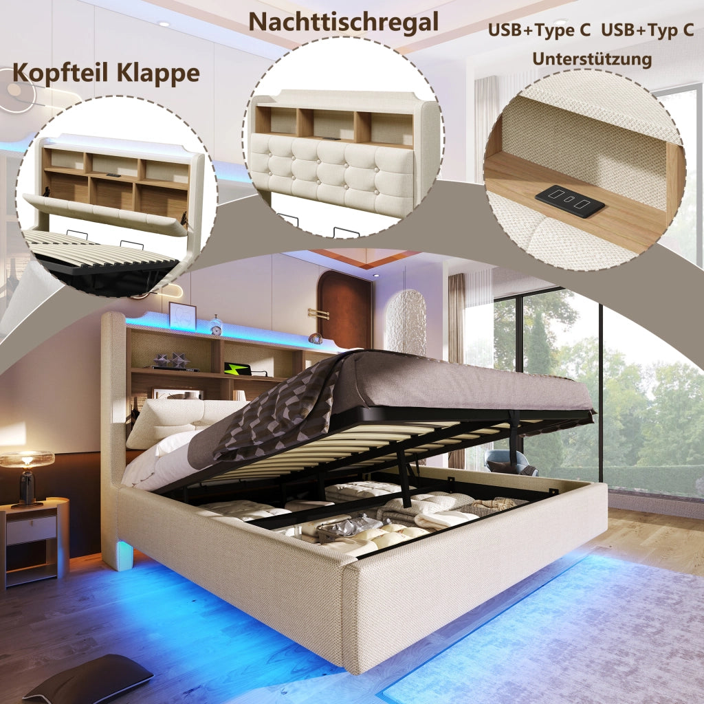 Letto matrimoniale 140 × 200 cm 2 posti con contenitore idraulico; LED; USB e porta tipo C; senza materasso; beige
