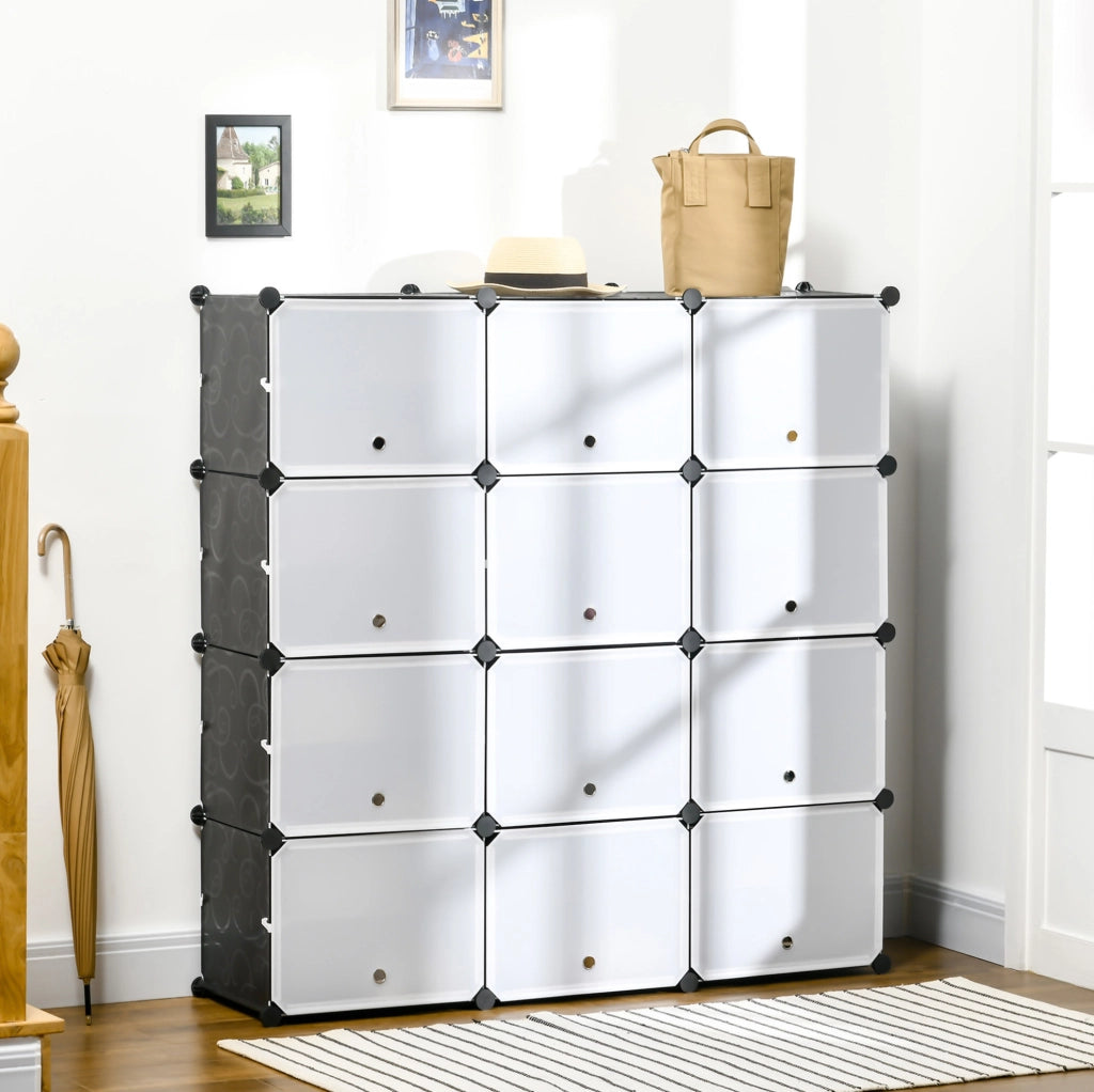 Scarpiera modulare a 12 cubi in plastica nera 125x32x125 cm