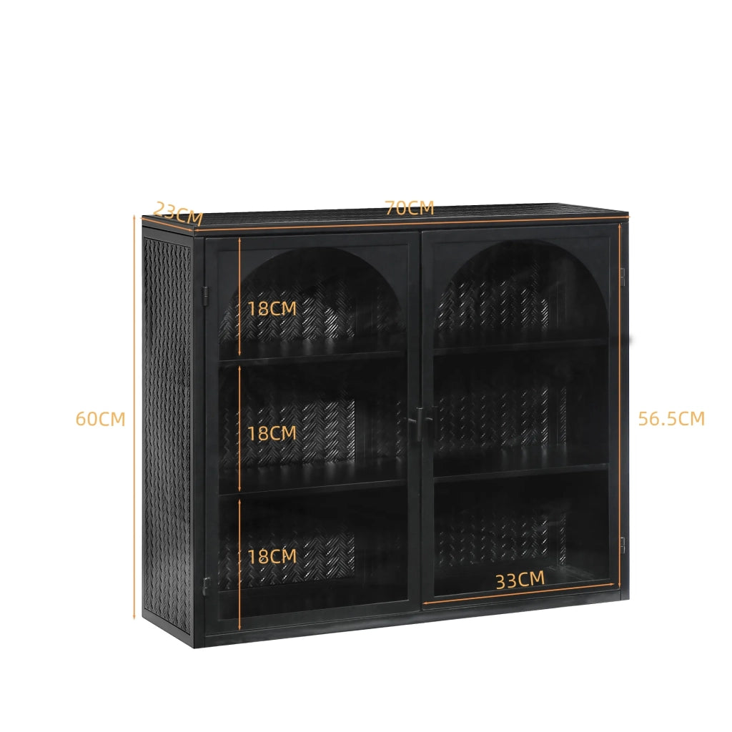 Mobile a muro moderno 2 ante con porte in vetro 70 cm, nero, motivo intrecciato, 3 ripiani per ingresso soggiorno bagno sala da pranzo