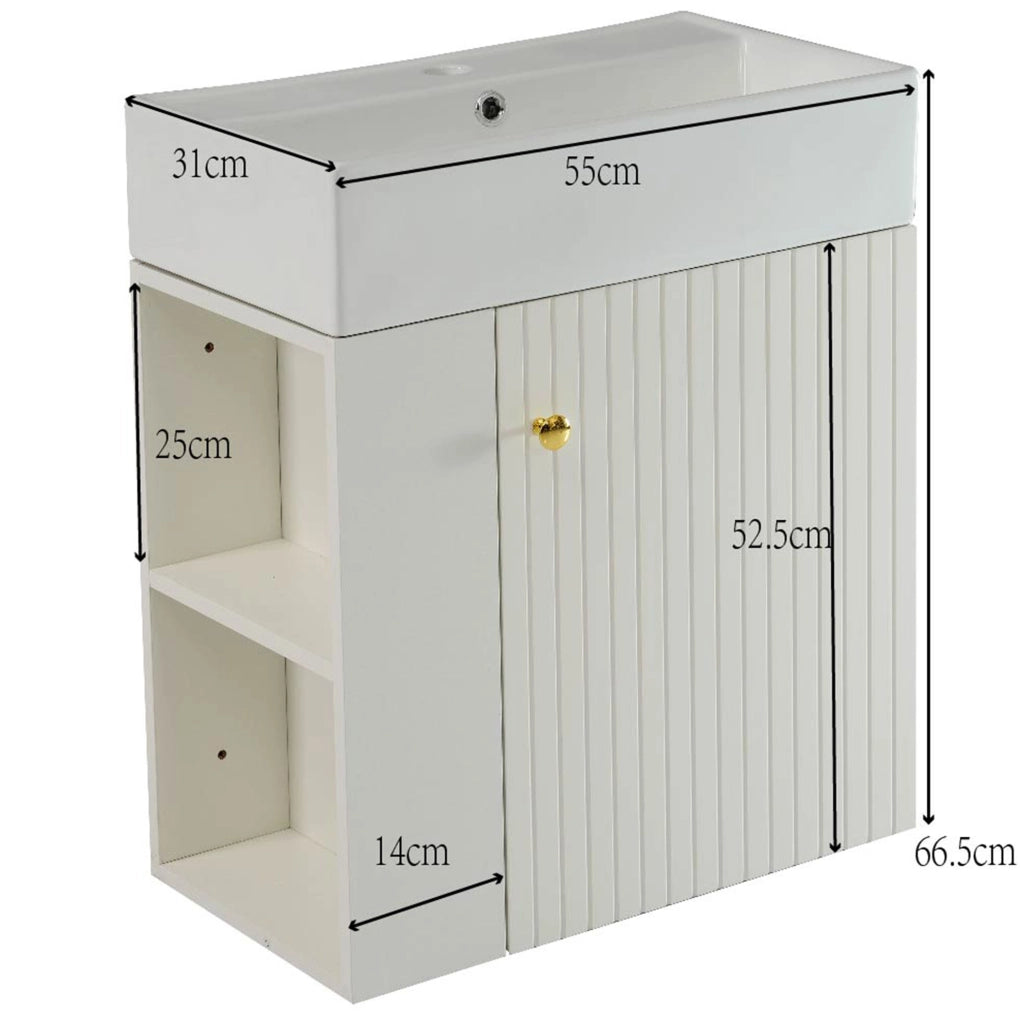 Mobile bagno compatto bianco con lavabo in ceramica e ripiani laterali