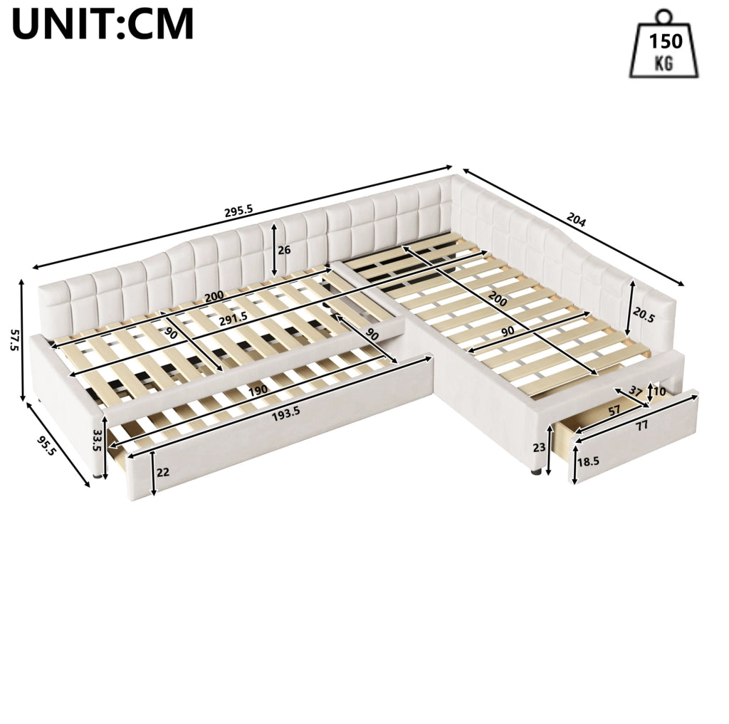 Letto angolare imbottito 90x200 beige con letto estraibile, cassetti e rivestimento morbido