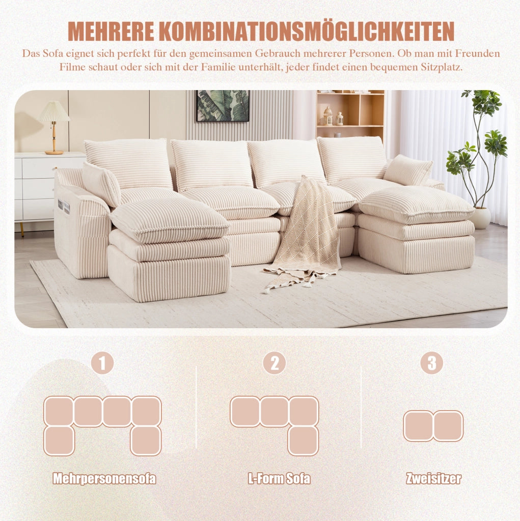 Divano modulare ULEVR 335x167x85 cm in velluto a coste beige con tasche laterali e molle interne