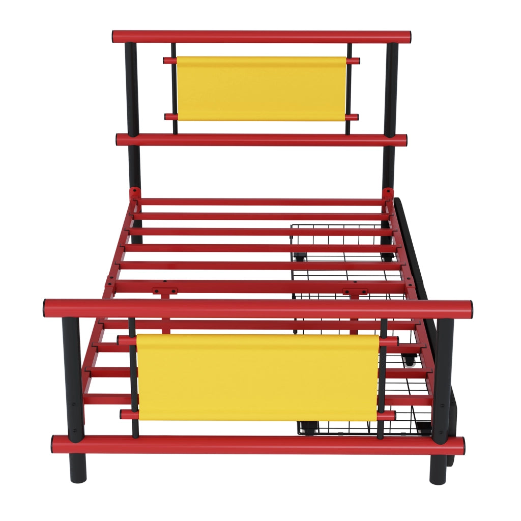 Letto con cassetti 90 × 200 cm con struttura in metallo rosso e rete a doghe a 11 lamelle per cameretta