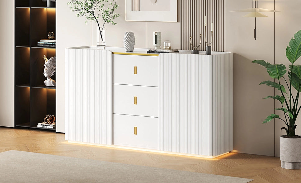 Sideboard bianco multifunzionale LED 150x35x80 cm con 2 ante e 3 cassetti