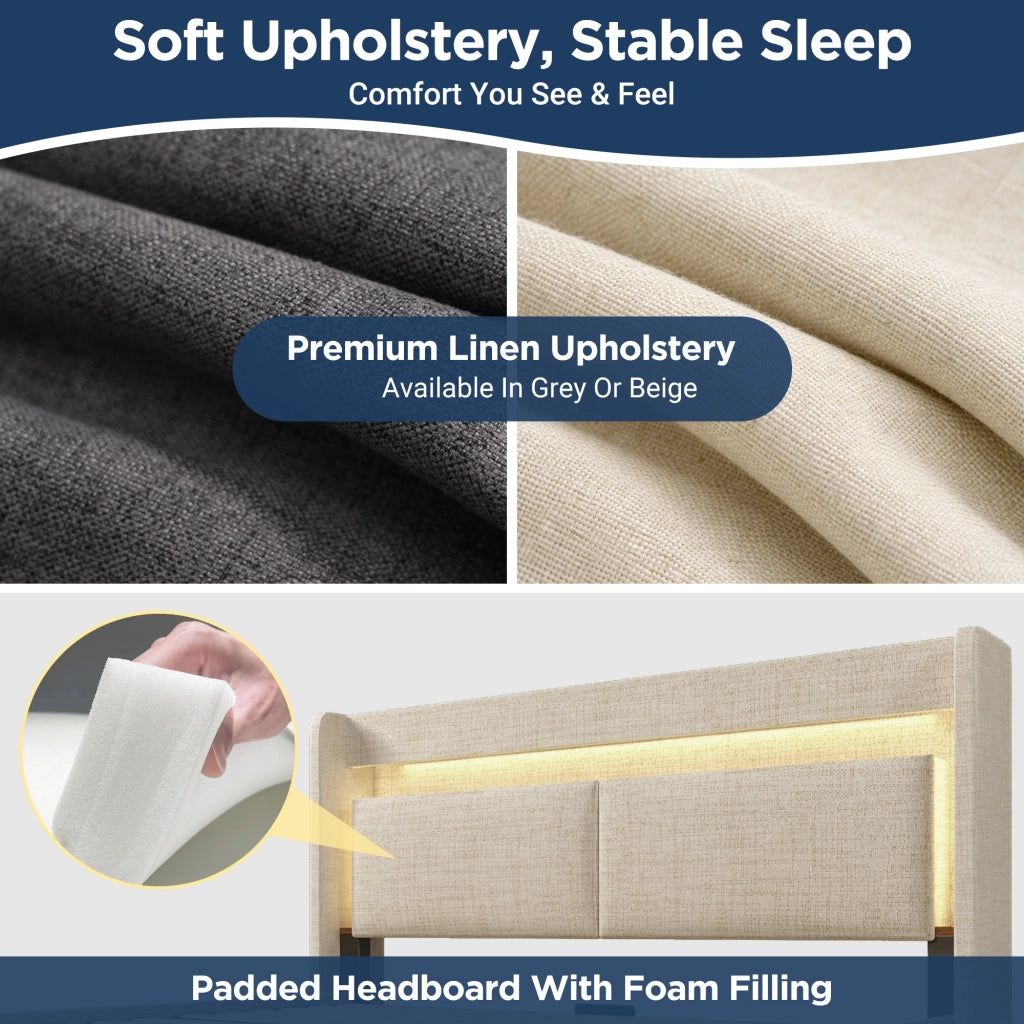 Letto contenitore 140 × 200 cm idraulico con testiera con vano; LED; USB e USB-C rete a doghe in lino beige