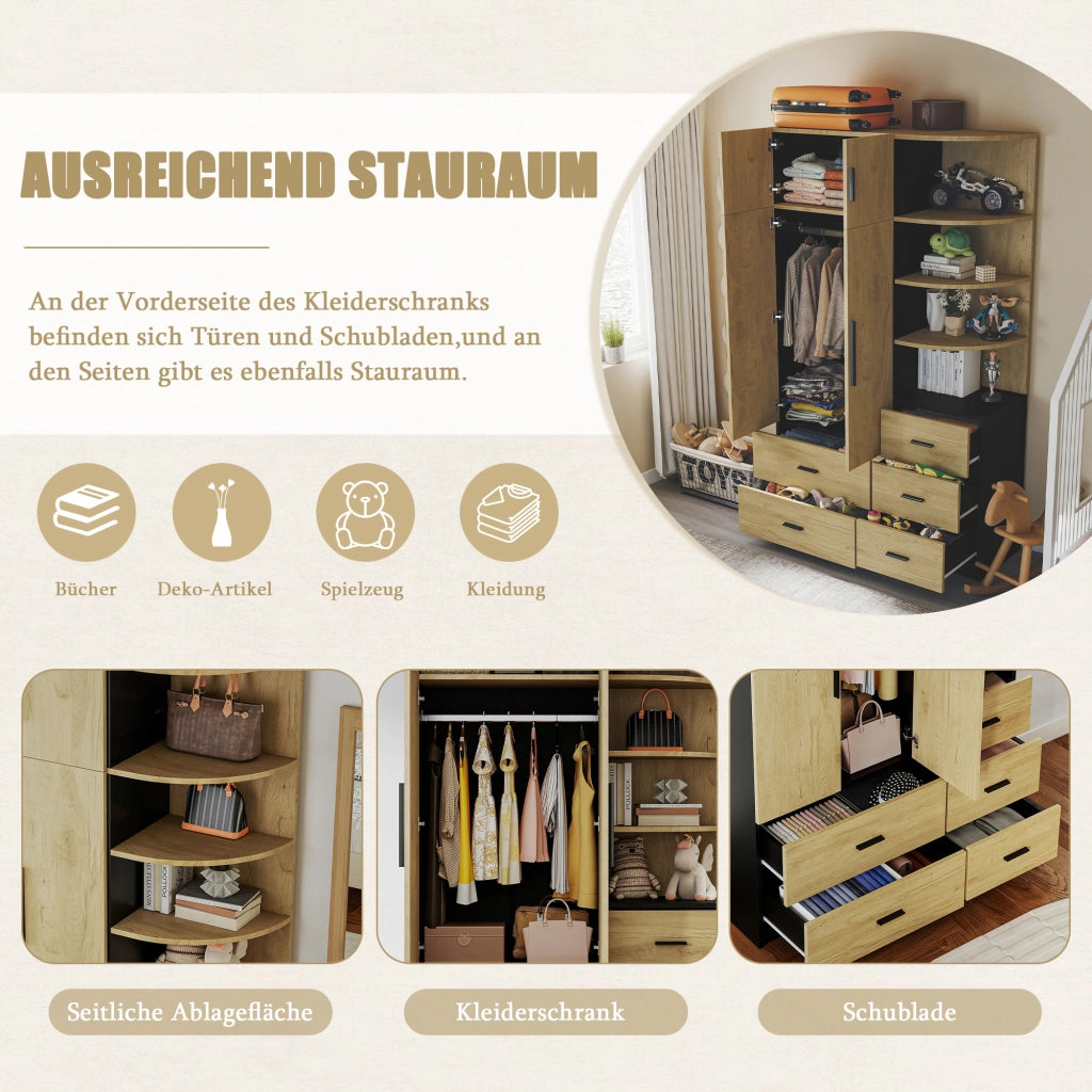 Armadio con appendiabiti, 5 cassetti, ripiani aperti e 2 ante per camera da letto, in MDF naturale e nero, 110 × 40 × 186 cm