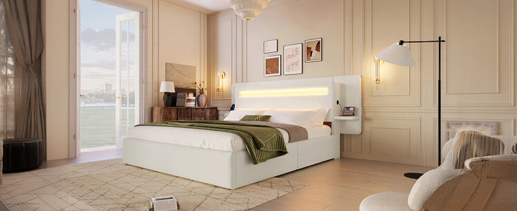 Letto imbottito 140 x 200 cm con contenitore idraulico, comodino integrato e luce LED multicolore beige