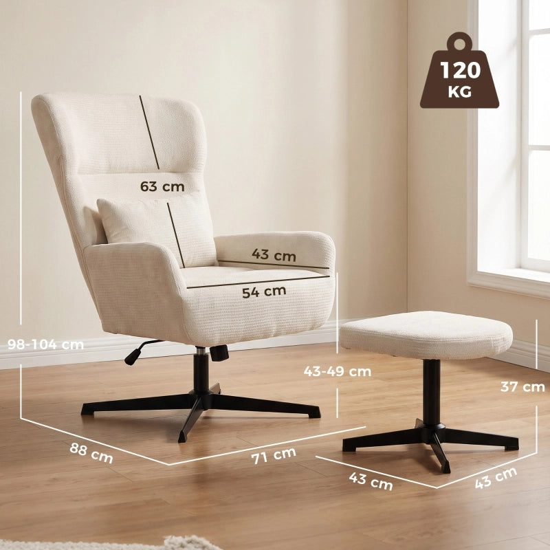 Poltrona relax girevole con pouf, altezza regolabile e cuscino lombare in ciniglia di poliestere crema