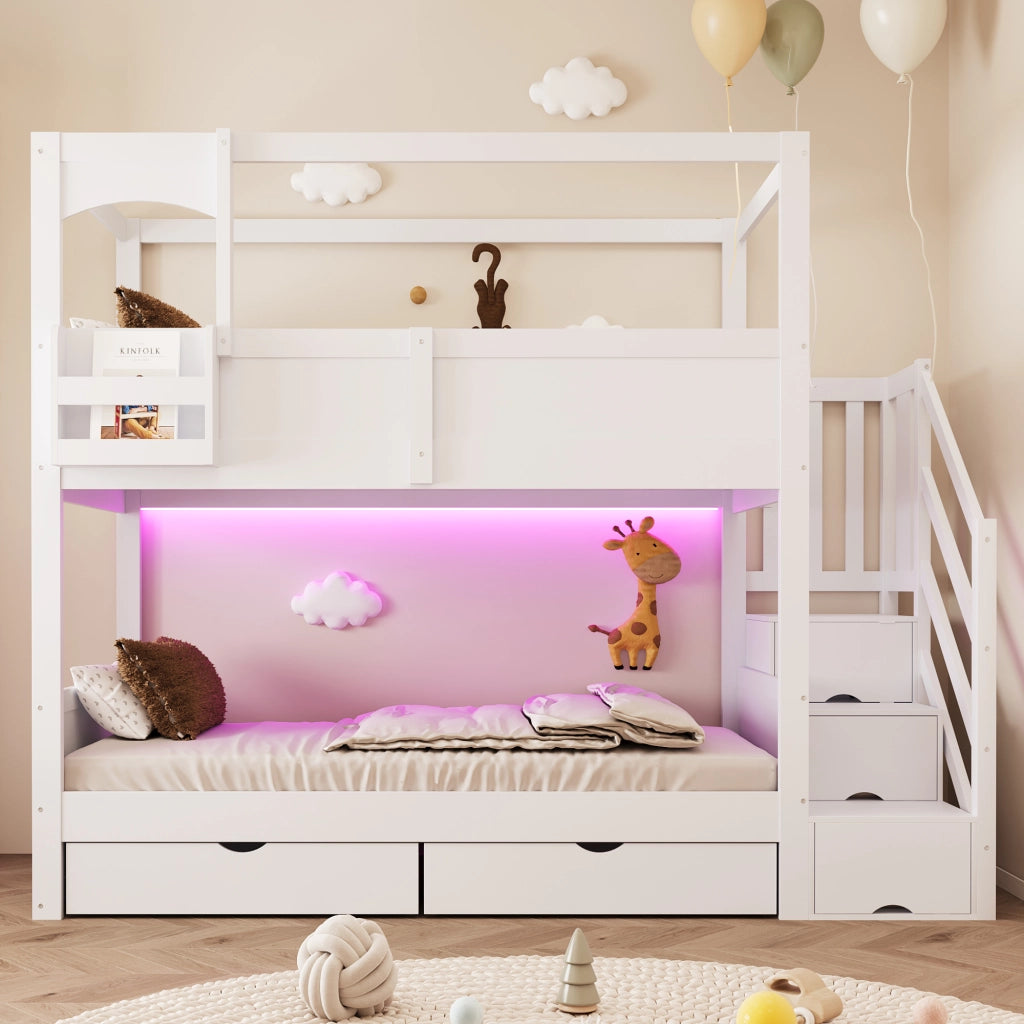 Desviae Letto a castello per bambini 90 × 200 cm con rete a doghe, design casetta, legno, bianco, con scrivania e contenitore