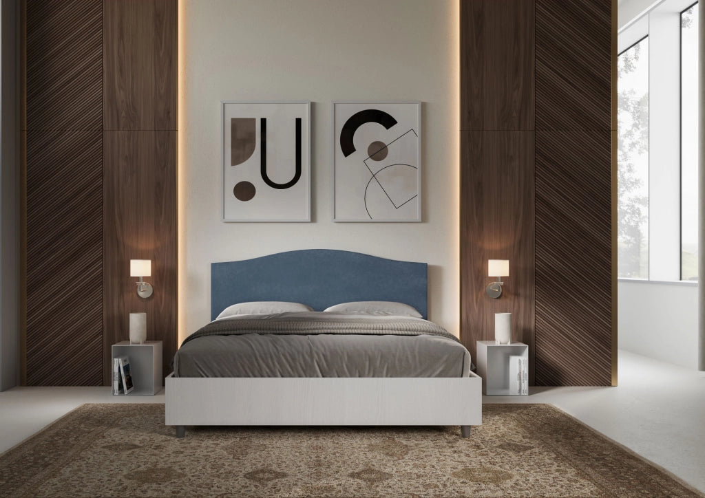 BS COM Letto matrimoniale contenitore 160x200 bianco frassino testata microfibra blu