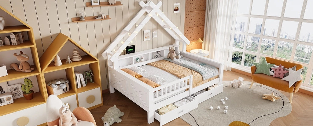 Letto a piattaforma in legno a forma di casa 140x200 cm con illuminazione LED, ripiani e cassetti, bianco