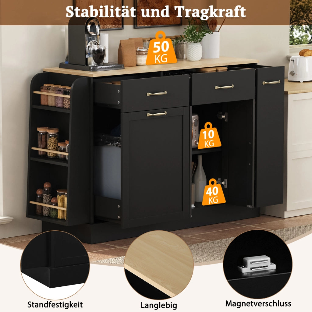 Credenza da cucina con vano pattumiera, ripiani aperti per spezie e vani contenitore, nera in MDF, 133.5 × 40 × 86 cm