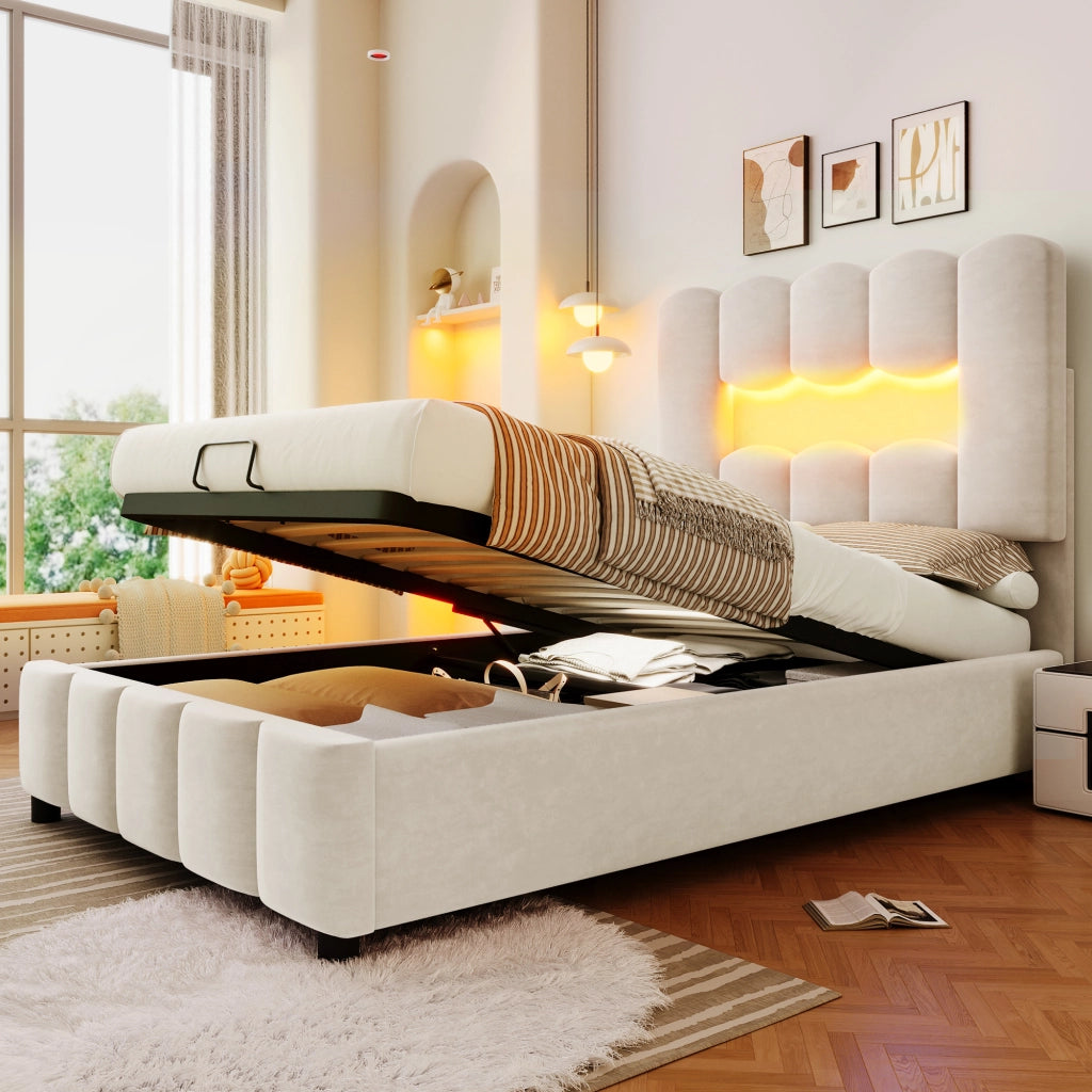 Letto contenitore singolo 90 × 200 cm 1 posto; LED multicolore e testiera regolabile; senza materasso; beige