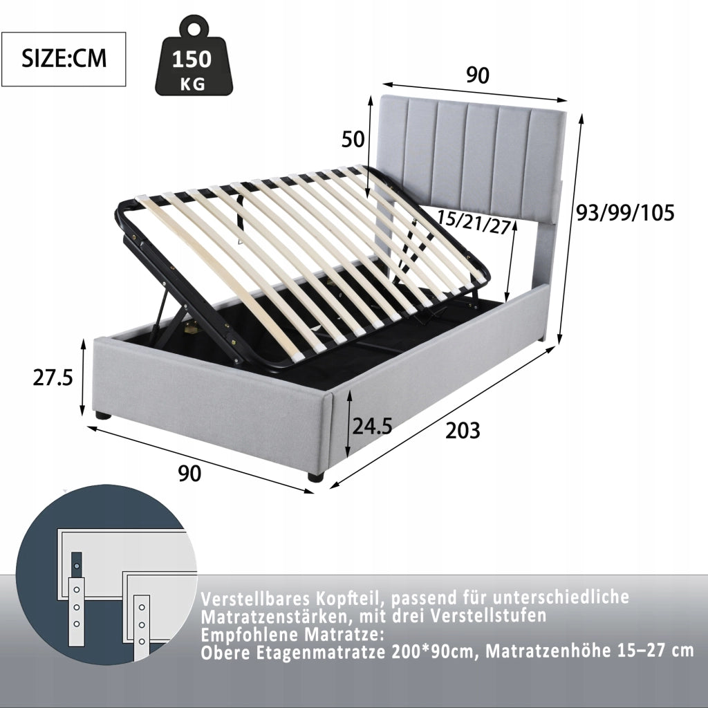 Letto singolo per bambini - Xylo - 90x200 - Grigio - Stelaio idraulico