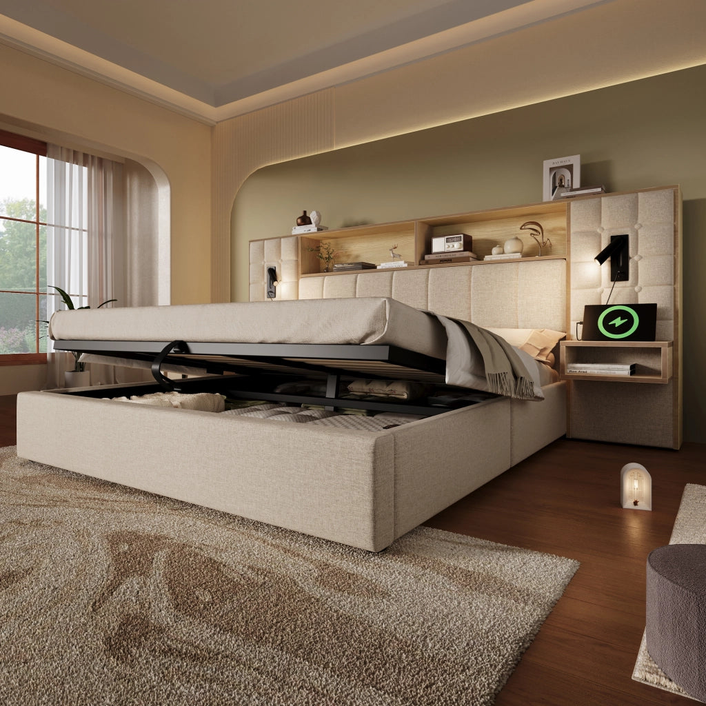 Letto contenitore matrimoniale 160 × 200 cm con LED; 2 lampade da lettura; USB e Type-C; senza materasso; beige