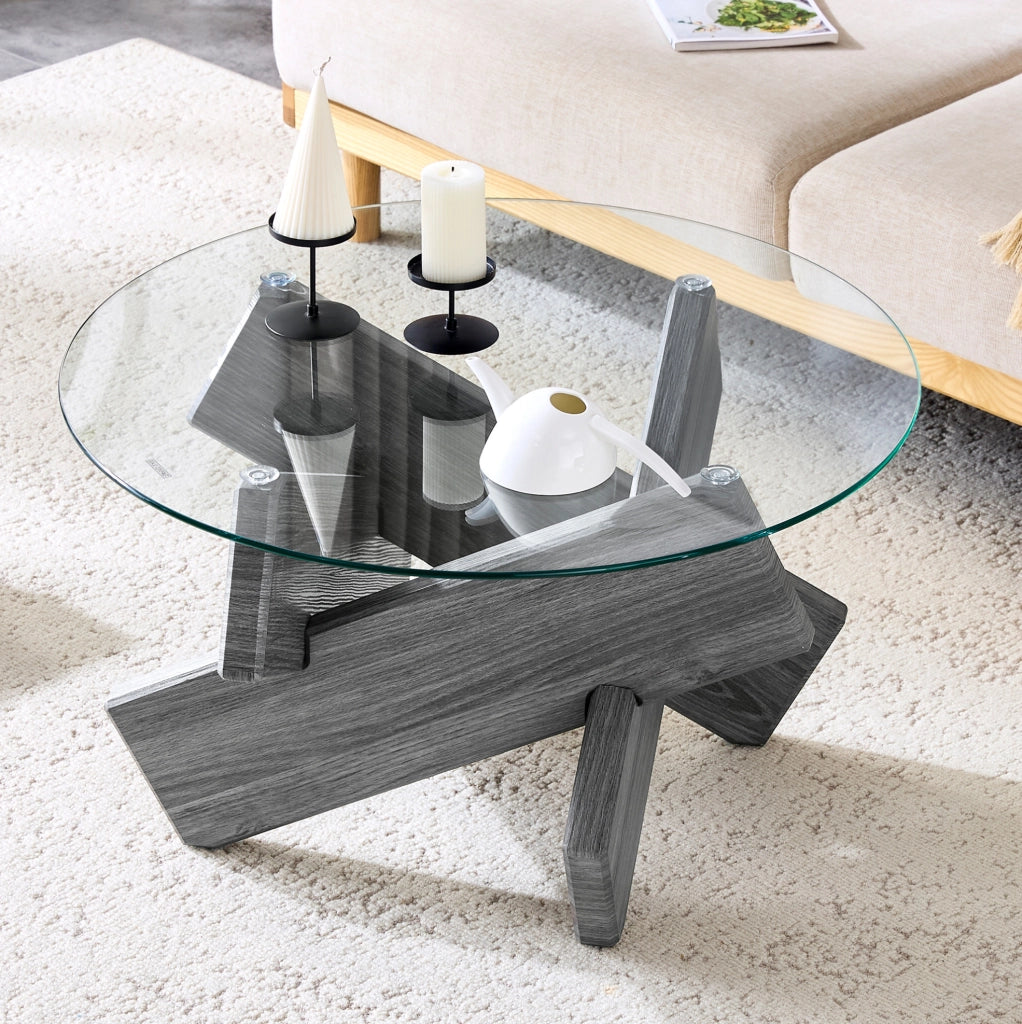 Tavolino basso rotondo 79x79x45 cm grigio e trasparente, vetro temperato, struttura MDF