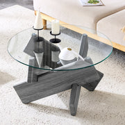 Tavolino basso rotondo 79x79x45 cm grigio e trasparente, vetro temperato, struttura MDF
